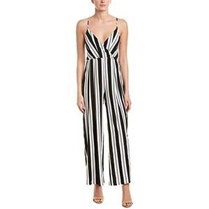 Avec Les Filles Black White Striped Wide-Leg Jumpsuit V-Neck Adjustable Straps 4
